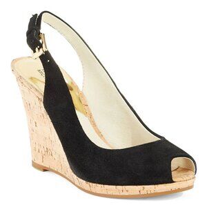 MICHAEL Michael Kors Black Suede Peep-Toe Cork Wedge Slingback